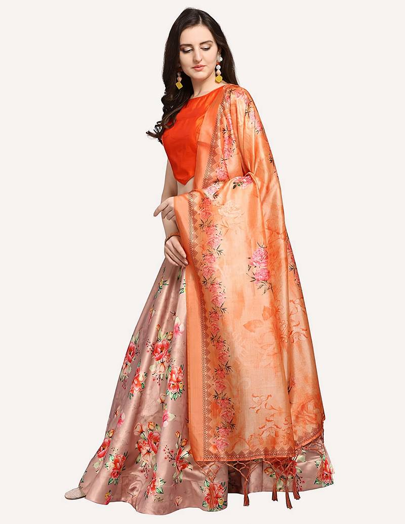 Orange digital floral print satin silk lehenga choli with dupatta
