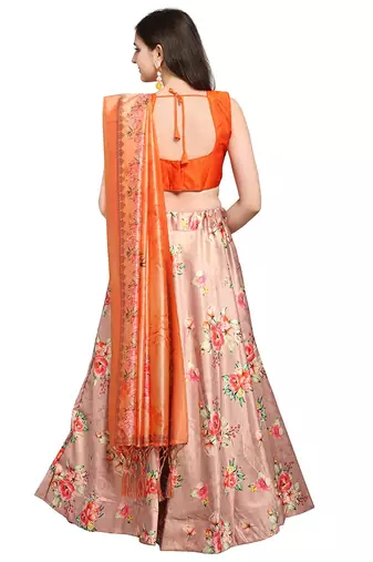 Orange digital floral print satin silk lehenga choli with dupatta