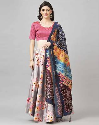 Pink Digital Floral Print Satin Silk Fabric Semistitched Lehenga Choli With Jequared Unstitched Blouse with Dupatta 2