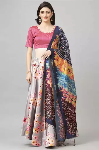 Pink Digital Floral Print Satin Silk Fabric Semistitched Lehenga Choli With Jequared Unstitched Blouse with Dupatta