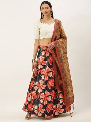 White Digital Floral Print Satin Silk Fabric Semistitched Lehenga Choli With Jequared Unstitched Blouse with Dupatta 1