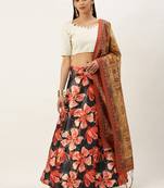 White Digital Floral Print Satin Silk Fabric Semistitched Lehenga Choli With Jequared Unstitched Blouse with Dupatta