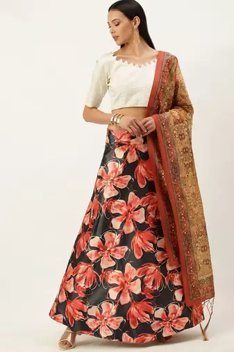 White Digital Floral Print Satin Silk Fabric Semistitched Lehenga Choli With Jequared Unstitched Blouse with Dupatta