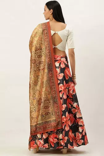 White Digital Floral Print Satin Silk Fabric Semistitched Lehenga Choli With Jequared Unstitched Blouse with Dupatta
