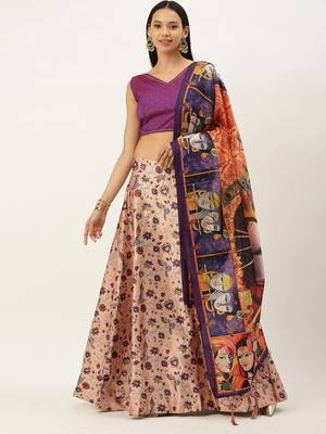 Violet Digital Floral Print Satin Silk Fabric Semistitched Lehenga Choli With Jequared Unstitched Blouse with Dupatta 1