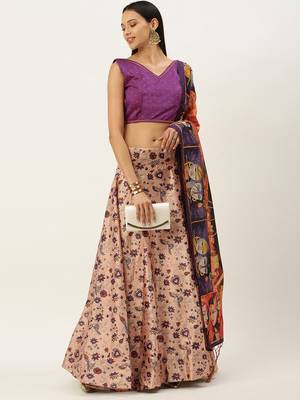 Violet Digital Floral Print Satin Silk Fabric Semistitched Lehenga Choli With Jequared Unstitched Blouse with Dupatta 2