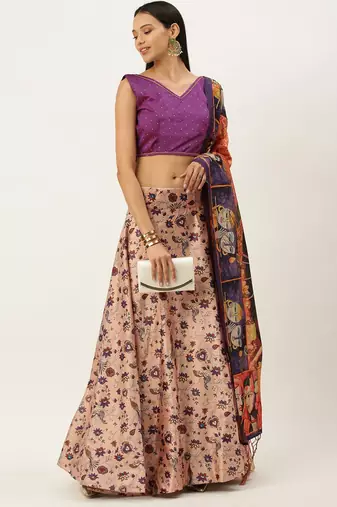Violet Digital Floral Print Satin Silk Fabric Semistitched Lehenga Choli With Jequared Unstitched Blouse with Dupatta