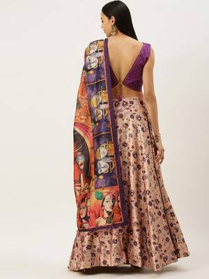 Violet Digital Floral Print Satin Silk Fabric Semistitched Lehenga Choli With Jequared Unstitched Blouse with Dupatta 3
