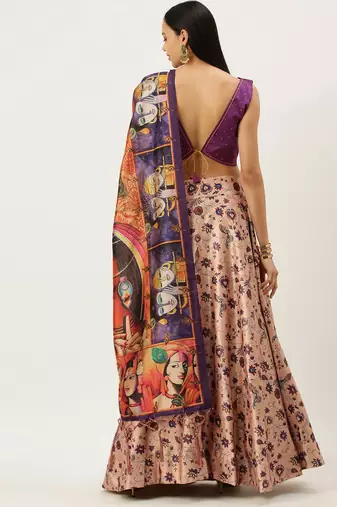 Violet Digital Floral Print Satin Silk Fabric Semistitched Lehenga Choli With Jequared Unstitched Blouse with Dupatta