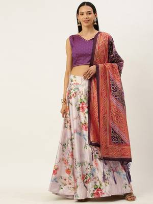 Violet Digital Floral Print Satin Silk Fabric Semistitched Lehenga Choli With Jequared Unstitched Blouse with Dupatta 1