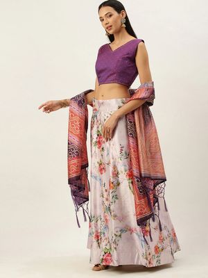 Violet Digital Floral Print Satin Silk Fabric Semistitched Lehenga Choli With Jequared Unstitched Blouse with Dupatta 2