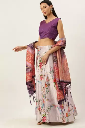 Violet Digital Floral Print Satin Silk Fabric Semistitched Lehenga Choli With Jequared Unstitched Blouse with Dupatta