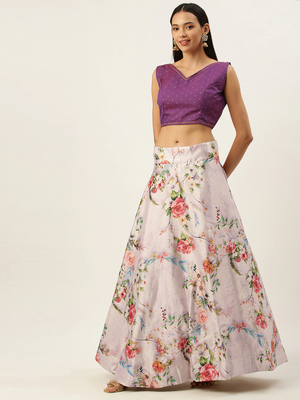 Violet Digital Floral Print Satin Silk Fabric Semistitched Lehenga Choli With Jequared Unstitched Blouse with Dupatta 3