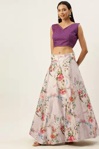 Violet Digital Floral Print Satin Silk Fabric Semistitched Lehenga Choli With Jequared Unstitched Blouse with Dupatta