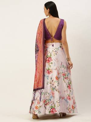 Violet Digital Floral Print Satin Silk Fabric Semistitched Lehenga Choli With Jequared Unstitched Blouse with Dupatta 4