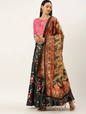 Pink Digital Floral Print Satin Silk Fabric Semistitched Lehenga Choli With Jequared Unstitched Blouse with Dupatta 1