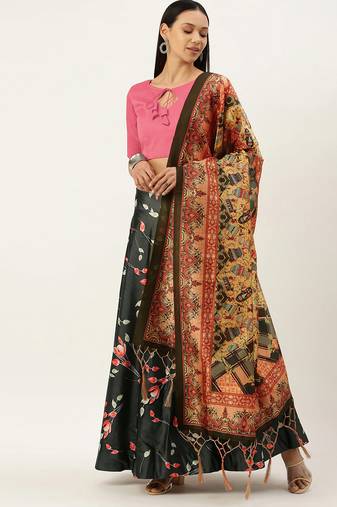 Pink Digital Floral Print Satin Silk Fabric Semistitched Lehenga Choli With Jequared Unstitched Blouse with Dupatta