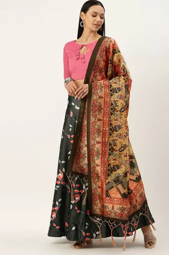 Pink Digital Floral Print Satin Silk Fabric Semistitched Lehenga Choli With Jequared Unstitched Blouse with Dupatta