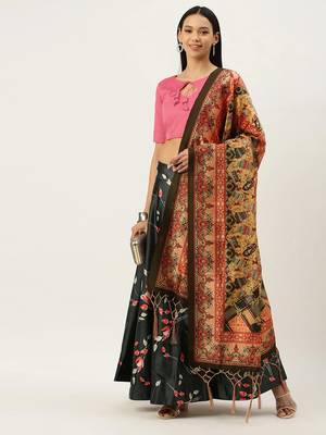 Pink Digital Floral Print Satin Silk Fabric Semistitched Lehenga Choli With Jequared Unstitched Blouse with Dupatta 2
