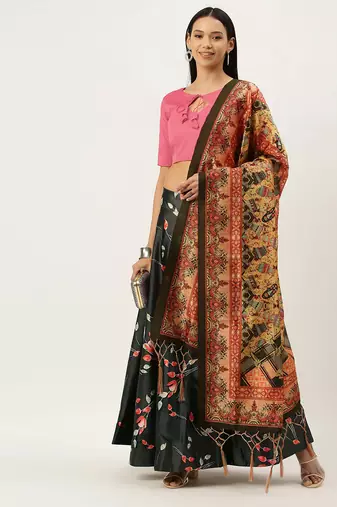 Pink Digital Floral Print Satin Silk Fabric Semistitched Lehenga Choli With Jequared Unstitched Blouse with Dupatta