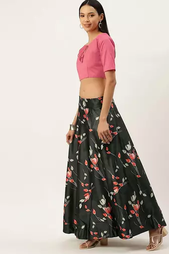 Pink Digital Floral Print Satin Silk Fabric Semistitched Lehenga Choli With Jequared Unstitched Blouse with Dupatta