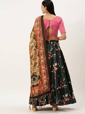 Pink Digital Floral Print Satin Silk Fabric Semistitched Lehenga Choli With Jequared Unstitched Blouse with Dupatta 4