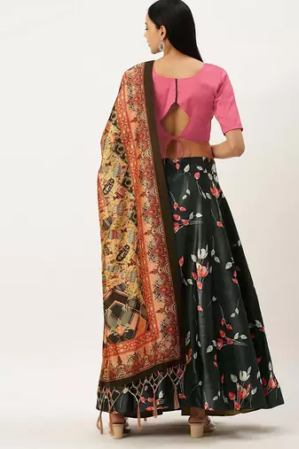 Pink Digital Floral Print Satin Silk Fabric Semistitched Lehenga Choli With Jequared Unstitched Blouse with Dupatta