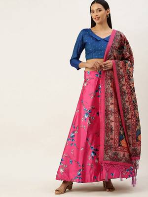Blue Digital Floral Print Satin Silk Fabric Semistitched Lehenga Choli With Jequared Unstitched Blouse with Dupatta 1