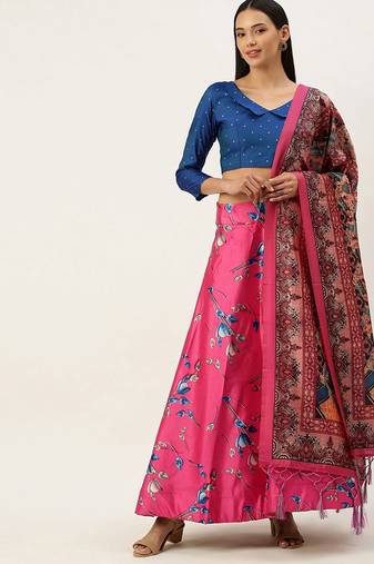 Blue Digital Floral Print Satin Silk Fabric Semistitched Lehenga Choli With Jequared Unstitched Blouse with Dupatta
