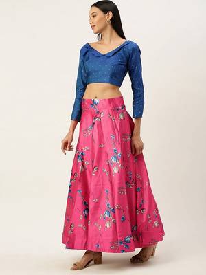 Blue Digital Floral Print Satin Silk Fabric Semistitched Lehenga Choli With Jequared Unstitched Blouse with Dupatta 2