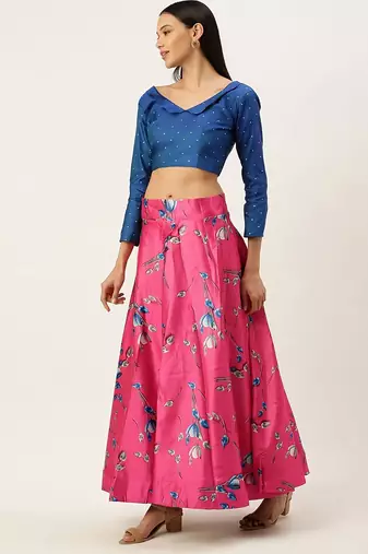 Blue Digital Floral Print Satin Silk Fabric Semistitched Lehenga Choli With Jequared Unstitched Blouse with Dupatta