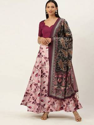 Violet Digital Floral Print Satin Silk Fabric Semistitched Lehenga Choli With Jequared Unstitched Blouse with Dupatta 1