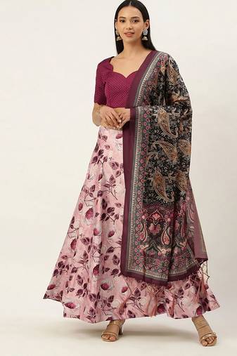 Violet Digital Floral Print Satin Silk Fabric Semistitched Lehenga Choli With Jequared Unstitched Blouse with Dupatta