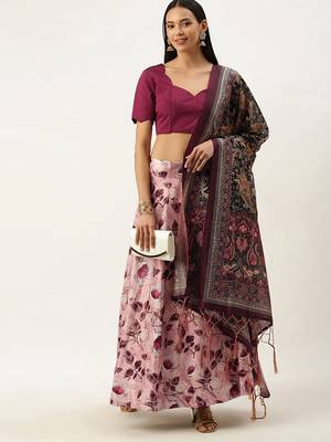 Violet Digital Floral Print Satin Silk Fabric Semistitched Lehenga Choli With Jequared Unstitched Blouse with Dupatta 2