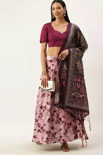 Violet Digital Floral Print Satin Silk Fabric Semistitched Lehenga Choli With Jequared Unstitched Blouse with Dupatta