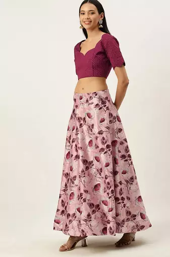 Violet Digital Floral Print Satin Silk Fabric Semistitched Lehenga Choli With Jequared Unstitched Blouse with Dupatta