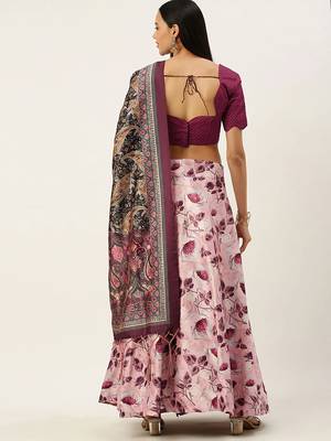 Violet Digital Floral Print Satin Silk Fabric Semistitched Lehenga Choli With Jequared Unstitched Blouse with Dupatta 4