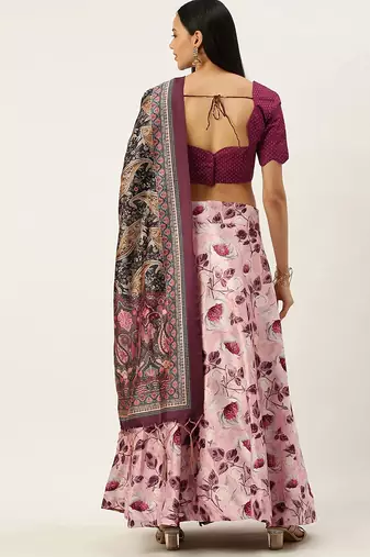 Violet Digital Floral Print Satin Silk Fabric Semistitched Lehenga Choli With Jequared Unstitched Blouse with Dupatta