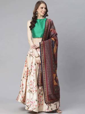 Green Digital Floral Print Satin Silk Fabric Semistitched Lehenga Choli With Jequared Unstitched Blouse with Dupatta 1