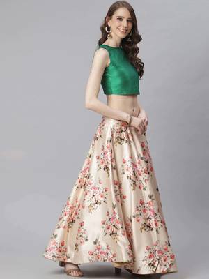 Green Digital Floral Print Satin Silk Fabric Semistitched Lehenga Choli With Jequared Unstitched Blouse with Dupatta 2