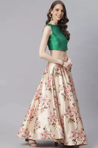Green Digital Floral Print Satin Silk Fabric Semistitched Lehenga Choli With Jequared Unstitched Blouse with Dupatta
