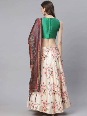 Green Digital Floral Print Satin Silk Fabric Semistitched Lehenga Choli With Jequared Unstitched Blouse with Dupatta 3