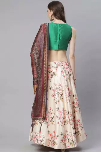 Green Digital Floral Print Satin Silk Fabric Semistitched Lehenga Choli With Jequared Unstitched Blouse with Dupatta
