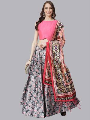 grey digital floral print satin silk lehenga choli with dupatta 1