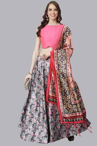 grey digital floral print satin silk lehenga choli with dupatta