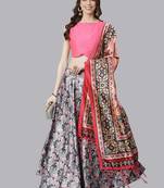 grey digital floral print satin silk lehenga choli with dupatta