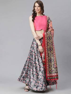 grey digital floral print satin silk lehenga choli with dupatta 2