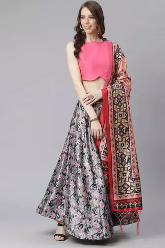 grey digital floral print satin silk lehenga choli with dupatta