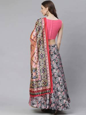 grey digital floral print satin silk lehenga choli with dupatta 3