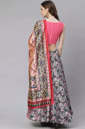 grey digital floral print satin silk lehenga choli with dupatta